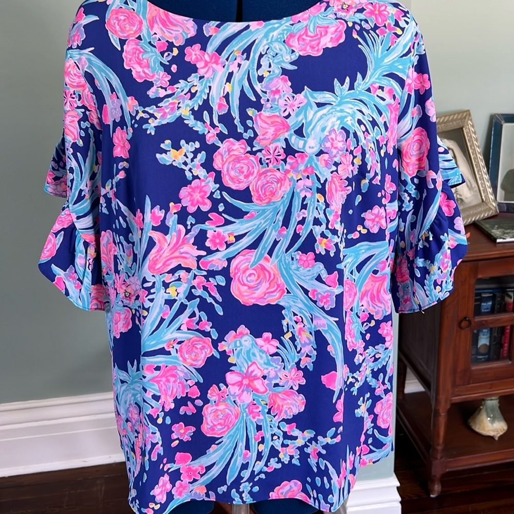 Lilly Pulitzer Womens Darlah Floral Ruffle Sleeve Corsica Blue size L EUC